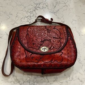 Red Leather Floral Tooled Shoulder Bag Purse